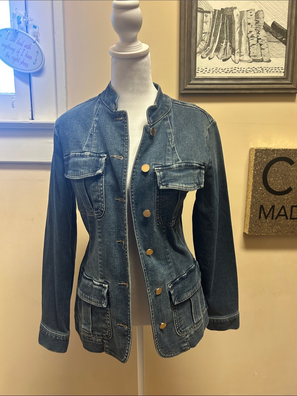 Structured Blue Denim Jacket with Flap Pockets
